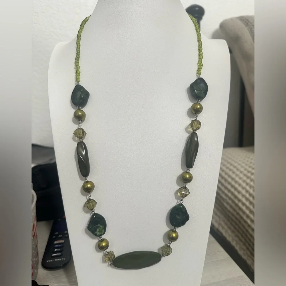 Long Green Resin Bead, glass seed beads, Necklace | Boho Artisan Statement